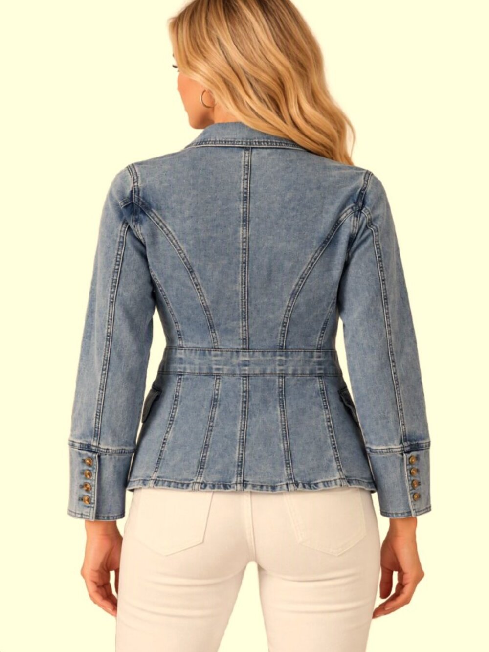 ALEGRA K Double Breasted Notched Lapel Structured Light Blue Denim Jacket Sz XL - Picture 6 of 7